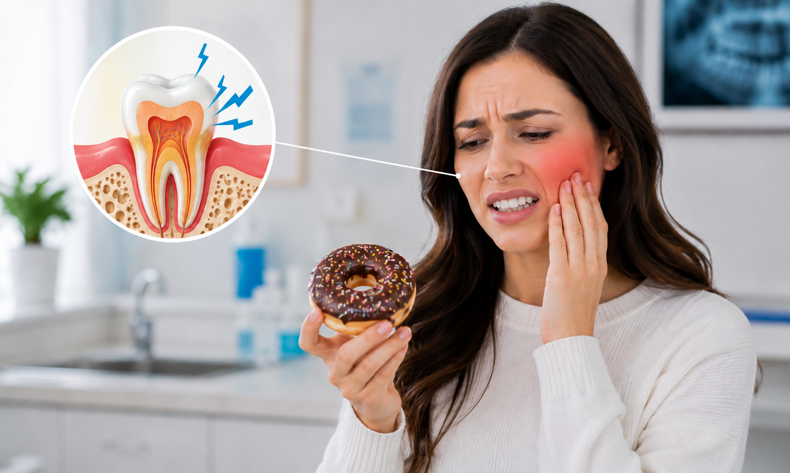 Woman experiencing tooth sensitivity while eating sugary food with illustration of sensitive tooth nerves