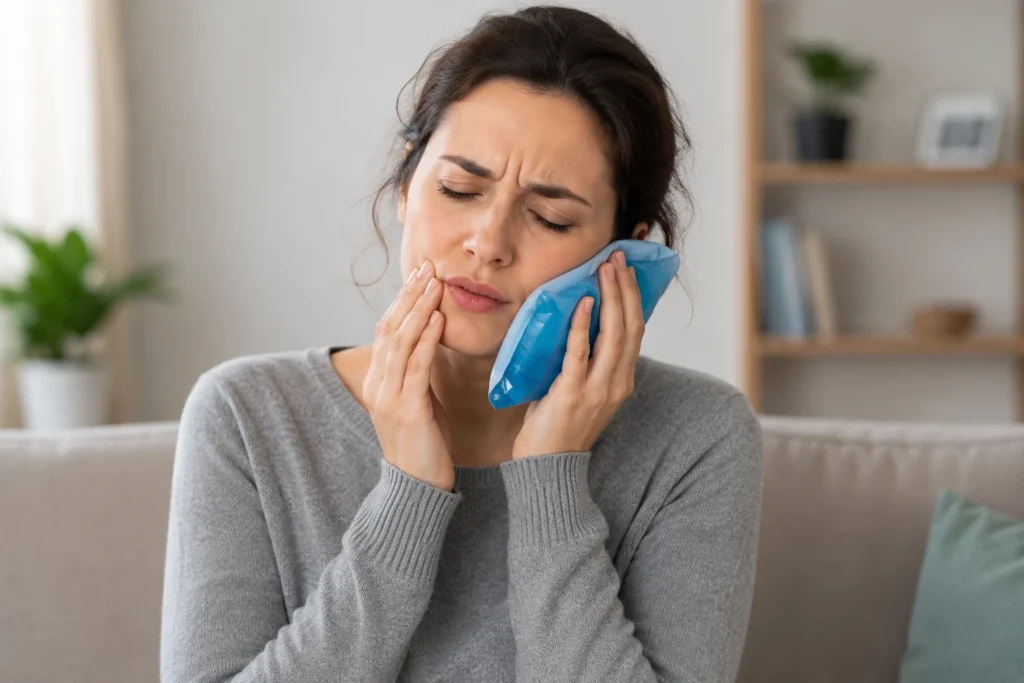 woman using cold compress for toothache relief at home