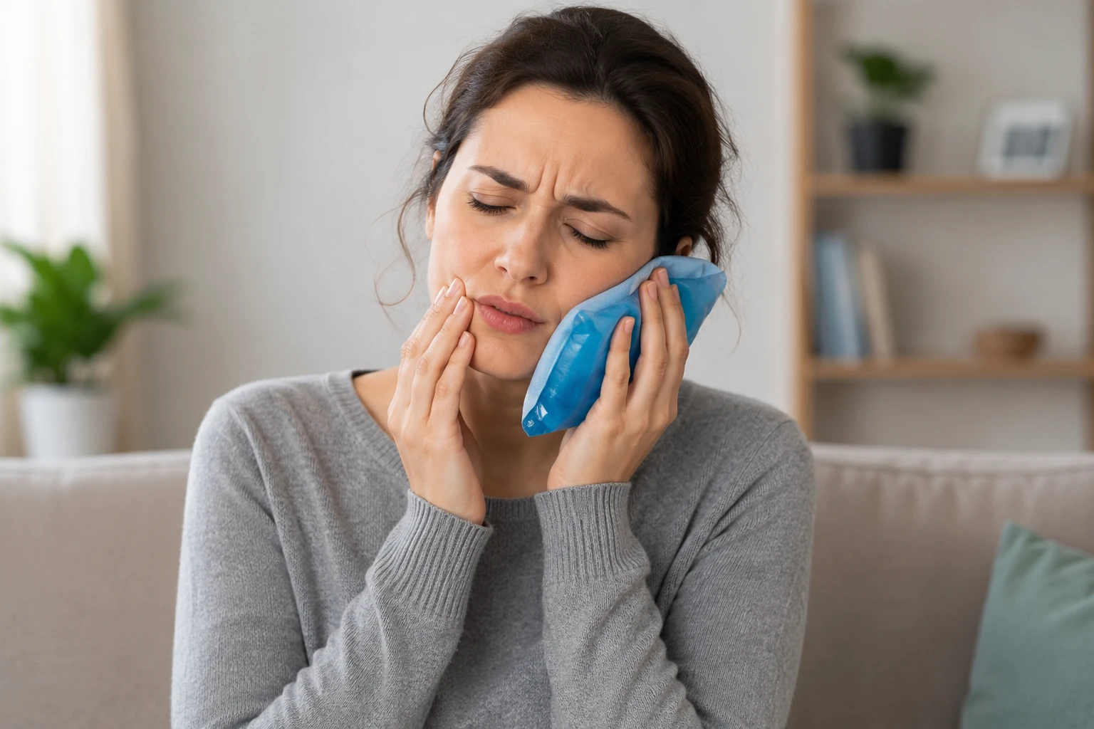 woman using cold compress for toothache relief at home